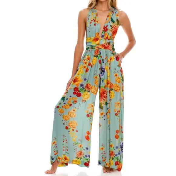 Agua Bendita Florence Bouk Multiway Jumpsuit Floral Blue Yellow Size Medium - Picture 1 of 10